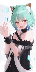Rule 34 | 1girl, absurdres, ahoge, animal ears, bare shoulders, black choker, black dress, blue hair, blush, bow, cat ears, choker, collarbone, colored tips, dress, ear piercing, ear ribbon, fang, fingernails, flat chest, frilled dress, frilled straps, frills, gradient hair, green hair, hair ornament, highres, hololive, long fingernails, looking at viewer, low twintails, multicolored hair, nail polish, off-shoulder dress, off shoulder, open mouth, piercing, pink nails, pom pom (clothes), pom pom hair ornament, red eyes, see-through, see-through sleeves, sharp fingernails, short hair, short sleeves, short twintails, skin fang, skull hair ornament, solo, thomas 8000, twintails, uruha rushia, uruha rushia (3rd costume), virtual youtuber, wristband