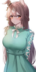 Rule 34 | 1girl, absurdres, alternate costume, animal ears, aqua dress, arm behind back, arms behind back, blush, braid, breasts, brown eyes, brown hair, closed mouth, commentary request, cowboy shot, dress, ear ornament, ears down, french braid, frown, green dress, hair between eyes, highres, horse ears, horse girl, horse tail, large breasts, long hair, long sleeves, looking at viewer, multicolored hair, satono diamond (umamusume), simple background, solo, streaked hair, tail, takmi, umamusume, white background, white hair, yellow eyes