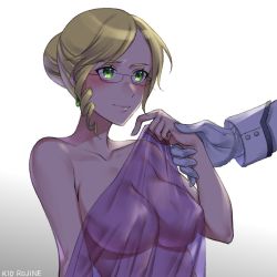 Rule 34 | 1boy, 1girl, blonde hair, blush, breasts, glasses, gloves, glynda goodwitch, green eyes, highres, holding another&#039;s wrist, james ironwood, kio rojine, nude, rwby, see-through silhouette