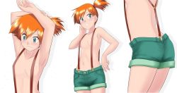 Rule 34 | 1girl, armpits, arms up, ass, asymmetrical hair, blush, breasts, creatures (company), denim, denim shorts, game freak, gen 1 pokemon, green eyes, green shorts, kakkii, legs, looking at another, looking at viewer, misty (pokemon), navel, nintendo, orange hair, pokemon, pokemon (anime), pokemon (classic anime), ponytail, short shorts, shorts, side ponytail, smile, suspenders, sweat, sweatdrop, takaya n, thighs