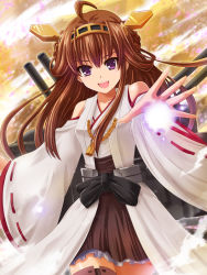 Rule 34 | 10s, 1girl, bare shoulders, black thighhighs, blush, brown hair, cannon, detached sleeves, double bun, hair bun, hair ornament, hairband, haura akitoshi, headgear, japanese clothes, kantai collection, kongou (kancolle), long hair, nontraditional miko, open mouth, personification, purple eyes, ribbon-trimmed sleeves, ribbon trim, skirt, smile, solo, thighhighs, turret