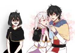 Rule 34 | black clover, black hair, blush, closed eyes, facial hair, hands on chest, mustache, noelle silva, open mouth, secre swallowtail, smile, twintails, wiping mouth, yuno (black clover)