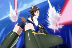 Rule 34 | 1girl, animal ears, ass, beam, blue one-piece swimsuit, blush, brown hair, closed mouth, crotch, dress, female focus, flying, gun, highres, looking at viewer, looking back, miyafuji yoshika, ocean, oinari (koheihei1109), one-piece swimsuit, raccoon ears, raccoon tail, rifle, sailor dress, shiny skin, short hair, skindentation, sky, solo, spread legs, strike witches, striker unit, swimsuit, tail, weapon, world witches series