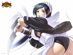 Rule 34 | 1girl, ass, black hair, breasts, highres, holding, holding weapon, huge ass, iroha (samurai spirits), japanese clothes, large breasts, leotard, leotard under clothes, maid, maid headdress, samurai spirits, snk, solo, strapless, strapless leotard, sword, weapon