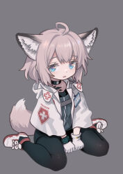Rule 34 | 1girl, absurdres, ahoge, animal ears, arknights, black choker, black pantyhose, blue eyes, blue vest, choker, coat, commentary request, fox ears, fox girl, fox tail, gloves, grey background, highres, hood, hood down, hooded coat, id card, infection monitor (arknights), lab coat, looking at viewer, material growth, open mouth, oripathy lesion (arknights), pantyhose, pink hair, shoes, short hair, simple background, sneakers, solo, sussurro (arknights), tail, vest, welt (kinsei koutenkyoku), white coat, white footwear, white gloves