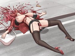 Rule 34 | 1girl, after rape, aftersex, bag, black bra, black panties, black skirt, black thighhighs, blood, blood splatter, bra, breasts, breasts apart, clothes lift, commentary request, corpse, cum, day, dozm (txnmb), drill hair, ero guro, exploded head, facial, female focus, full body, garter straps, groin tendon, guro, handbag, heart, high heels, highres, lace, lace-trimmed legwear, lace trim, lactation, large breasts, long hair, long sleeves, lying, makeup, mascara, nipples, on back, on ground, open mouth, original, outdoors, palms, panties, peeing, peeing self, pink hair, prolapse, red footwear, red shirt, road, runny makeup, shirt, shoes, sidewalk, single shoe, skirt, skirt lift, skirt rolled up, soles, solo, spoken heart, spread legs, street, thighhighs, tongue, tongue out, torn bra, torn clothes, torn thighhighs, twin drills, underwear, uterine prolapse, white bag