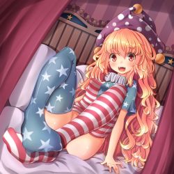 Rule 34 | 1girl, alternate legwear, american flag dress, american flag legwear, bed, blonde hair, bottomless, clownpiece, convenient censoring, convenient leg, fairy wings, fangs, feet, feet together, hat, highres, jester cap, long hair, naked shirt, neck ruff, no panties, no shoes, oimo (imoyoukan), on bed, open mouth, red eyes, shirt, sitting, smile, solo, thighhighs, thighs, touhou, very long hair, wings