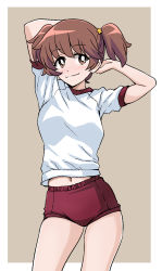 Rule 34 | 1girl, alisa (girls und panzer), arm behind head, arms up, border, bright pupils, brown eyes, brown hair, buruma, closed mouth, commentary request, cowboy shot, freckles, girls und panzer, grey background, gym shirt, gym uniform, hair ornament, highres, looking at viewer, midriff peek, navel, outside border, ponzu rui, red buruma, shirt, short hair, short sleeves, smile, solo, standing, star (symbol), star hair ornament, white border, white pupils, white shirt