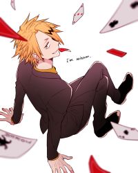 Rule 34 | 10s, 1boy, arm support, blonde hair, boku no hero academia, card, english text, engrish text, formal, from above, highres, kaminari denki, looking at viewer, looking back, looking up, male focus, mouth hold, ranguage, raurii, simple background, smile, solo, suit, white background, yellow eyes
