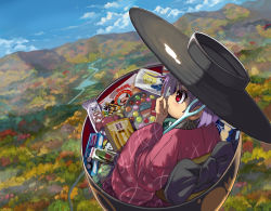 Rule 34 | 1girl, :t, black hat, black sash, blue sky, blush, bowl, bowl hat, candy, commentary request, day, food, forest, hand up, hat, hill, japanese clothes, kimono, long sleeves, nature, obi, outdoors, purple hair, red eyes, red kimono, river, sash, scenery, short hair, sky, solo, sukuna shinmyoumaru, syope, touhou, tree, wide sleeves