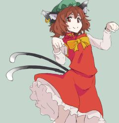 Rule 34 | 1girl, animal ears, bifidus (exkagerou8665), brown eyes, brown hair, cat ears, cat tail, chen, earrings, hat, jewelry, mob cap, multiple tails, nekomata, one-hour drawing challenge, paw pose, simple background, single earring, solo, tail, touhou, two tails