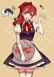 Rule 34 | !?, alternate costume, apron, blood, bow, copyright name, enmaided, gloves, hair bow, happy, highres, holding, holding tray, llamartist, looking at viewer, maid, maid apron, maid headdress, nosebleed, persona, persona 5, persona 5 the royal, pov, red eyes, red hair, red ribbon, ribbon, skirt, smile, tray, waving, yoshizawa kasumi