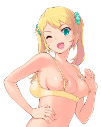 Rule 34 | 1girl, ;d, aqua eyes, blonde hair, bra, breasts, green eyes, hand on own hip, highres, looking at viewer, nipples, one eye closed, open mouth, original, red-p, smile, solo, strap pull, twintails, underwear, upper body, wardrobe error, white background, wink, you&#039;re doing it wrong