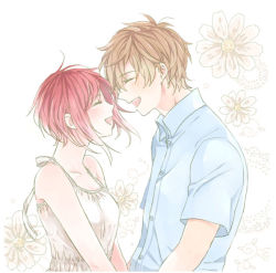 Rule 34 | 1boy, 1girl, alternate costume, blush, brown hair, collarbone, couple, dress, closed eyes, floral background, from side, happy, no.6, open mouth, red hair, safu, shion (no.6), shiro (shounen to hero), short hair, smile, upper body, white dress