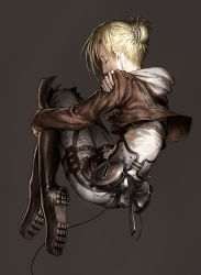 Rule 34 | 1girl, annie leonhart, blonde hair, boots, brown background, brown jacket, cable, closed eyes, emblem, fetal position, from side, full body, highres, jacket, lain, long sleeves, metal, military, military uniform, plantar flexion, profile, shingeki no kyojin, short hair, simple background, solo, three-dimensional maneuver gear, uniform