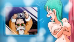 Rule 34 | 1boy, 1girl, age difference, angry, arms up, beard, blue eyes, blue hair, blush, breasts, bulma, collarbone, covering privates, covering breasts, dragon ball, dragon ball (classic), embarrassed, facial hair, highres, large breasts, long hair, looking at another, muten roushi, naughty face, navel, night, night sky, nipples, nude, old, old man, open mouth, pervert, screaming, shiny skin, showering, sky, smile, solo, sunglasses, uncensored, washing hair, wet, window, yamamoto doujin