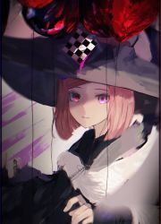 Rule 34 | 1girl, 5 106y, absurdres, alternate eye color, bad id, bad pixiv id, blood, cape, danganronpa (series), danganronpa v3: killing harmony, grey background, hair ornament, hat, heterochromia, highres, jacket, long sleeves, looking at viewer, parted lips, pink background, pink blood, pink eyes, red eyes, red hair, short hair, skirt, smile, solo, witch hat, yumeno himiko