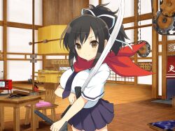 1girl architecture asuka_(senran_kagura) black_hair blue_necktie blue_skirt blush breast_pocket breasts brown_eyes chair closed_mouth dual_wielding east_asian_architecture gears hair_ribbon hanzou_academy_uniform holding holding_sword holding_weapon indoors large_breasts looking_at_viewer miniskirt necktie ninto_(senran_kagura) official_art pleated_skirt pocket ponytail red_scarf reverse_grip ribbon scarf school_uniform senran_kagura senran_kagura_new_link senran_kagura_shoujo-tachi_no_shin&#039;ei shirt short_hair short_ponytail short_sleeves sidelocks skirt smile solo sword table television tsuba_(guard) wakizashi weapon white_ribbon white_shirt yaegashi_nan