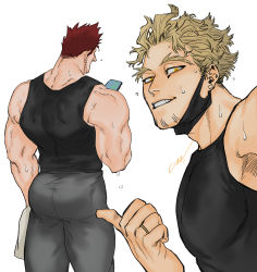 Rule 34 | 2boys, ass, back, bad id, bad twitter id, bara, bare shoulders, black mask, black tank top, blonde hair, boku no hero academia, endeavor (boku no hero academia), grey pants, hawks (boku no hero academia), highres, holding, holding phone, jo tuesday19, male focus, mask, mature male, mouth mask, multiple boys, muscular, muscular male, pants, phone, pointing, pointing at another, red hair, short hair, sideburns, smile, spiked hair, sweat, tank top, thick thighs, thighs, yaoi