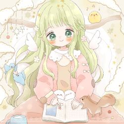 Rule 34 | 1girl, animal, animal on lap, bird, blush, book, bow, braid, cardigan, chick, chipmunk, collared dress, cookie, cup, detached wings, dress, flower, food, green eyes, green hair, hair flower, hair ornament, highres, hiiragi hinana, holding, holding book, long hair, looking down, mini wings, mug, musical note, on lap, original, smile, solo, squirrel, tape, very long hair, wings