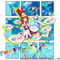 Rule 34 | 1girl, alternate costume, balloon, blue sky, boots, closed mouth, cloud, commentary, copyright name, copyright notice, drum, drum set, drumsticks, english commentary, full body, game cg, gloves, hat, holding, holding drumsticks, horikawa raiko, horikawa raiko (prism march snare), instrument, looking at viewer, marching band, merlin prismriver, mitsudomoe (shape), multicolored clothes, multicolored skirt, peaked cap, red eyes, red hair, red hat, rotte (1109), shirt, short hair, silhouette, skirt, sky, smile, solo, third-party source, tomoe (symbol), touhou, touhou lostword, white footwear, white gloves, white shirt