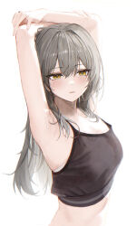 Rule 34 | 1girl, absurdres, armpits, arms up, black tank top, blush, commentary request, from side, grey hair, hair between eyes, hair intakes, hair over shoulder, hidulume, highres, honkai: star rail, honkai (series), long hair, looking to the side, midriff, parted lips, presenting armpit, sidelocks, simple background, solo, stelle (honkai: star rail), stretching, sweat, tank top, trailblazer (honkai: star rail), upper body, wet, white background, white undershirt, yellow eyes