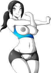 Rule 34 | 1girl, black hair, breasts, cleft of venus, colored skin, grey eyes, large breasts, long hair, midriff, navel, nintendo, ponytail, puffy nipples, pussy, shorts, simple background, smile, solo, tank top, thighs, uncensored, white skin, wii fit, wii fit trainer, wii fit trainer (female), witchking00
