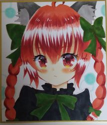 Rule 34 | 1girl, :/, ahoge, animal ears, blush, bow, braid, cat ears, green bow, hair between eyes, highres, kaenbyou rin, looking at viewer, one-hour drawing challenge, red eyes, red hair, shikishi, solo, touhou, traditional media, twin braids, zenra1112