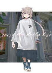 1girl absurdres ahoge alternate_costume black_shorts blue_footwear blush border cheytac commentary converse english_commentary english_text full_body girls&#039;_frontline grey_hair hair_between_eyes high_tops highres layered_shirt letterboxed long_hair long_sleeves looking_to_the_side low_ponytail m200_(girls&#039;_frontline) meta0614 new_york_city outdoors outside_border oversized_clothes oversized_shirt pout purple_eyes shirt shoes shorts sidelocks sneakers solo standing white_border white_shirt wide_sleeves