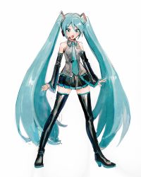 Rule 34 | 1girl, :d, absurdly long hair, aoki (fumomo), bare shoulders, black footwear, black skirt, blue eyes, blue hair, blue necktie, boots, collared shirt, detached sleeves, full body, grey shirt, hair between eyes, hatsune miku, high heel boots, high heels, legs apart, long hair, long sleeves, microphone, miniskirt, necktie, open mouth, pleated skirt, shirt, simple background, skirt, sleeveless, sleeveless shirt, smile, solo, standing, thigh boots, thighhighs, very long hair, vocaloid, white background, zettai ryouiki