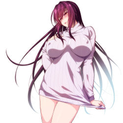 Rule 34 | 1girl, 846-gou, blush, breasts, clothes tug, commentary request, covered erect nipples, fate/grand order, fate (series), hair intakes, hand on own chest, highres, impossible clothes, impossible sweater, large breasts, lips, long hair, looking at viewer, purple hair, red eyes, ribbed sweater, scathach (fate), solo, sweater, sweater tug, very long hair, white background