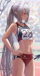 Rule 34 | 1girl, alternate costume, armpits, bare arms, bare shoulders, black ribbon, black tail, blue archive, blurry, blurry background, blush, breasts, buruma, closed mouth, cowboy shot, crop top, demon tail, grey hair, hair intakes, hair ribbon, halo, hands on own hips, highres, iori (blue archive), long hair, looking to the side, midriff, navel, number print, outdoors, pointy ears, ponytail, profile, red buruma, red eyes, revision, ribbon, shirt, sidelocks, silver bullet (ecc12 8), sleeveless, sleeveless shirt, small breasts, solo, sportswear, stomach, straight hair, tail, text print, thighs, track and field, track uniform, very long hair