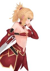 Rule 34 | 1girl, blonde hair, braid, breasts, clarent (fate), cleavage, commentary request, detached collar, fate/grand order, fate (series), french braid, hair ornament, hair scrunchie, highres, midriff, mordred (fate), mordred (fate/apocrypha), msh (meeeeeeeeeelt), over shoulder, ponytail, scrunchie, short hair, small breasts, solo, sword, sword over shoulder, underboob, weapon, weapon over shoulder