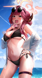 Rule 34 | 1girl, aru (blue archive), belt, bikini, black bikini, black nails, blue archive, blush, breasts, brown horns, commentary request, cowboy shot, day, demon horns, eyewear on head, fingernails, halo, hand on own hip, highres, hirotsuki, horns, large breasts, long hair, long sleeves, looking at viewer, nail polish, navel, o-ring, o-ring bikini, ocean, open mouth, outdoors, red hair, red halo, shirt, smile, solo, sunglasses, swimsuit, thigh belt, thigh strap, wet, wet clothes, wet shirt, white shirt, yellow eyes