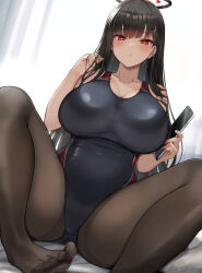 Rule 34 | 1girl, black hair, black pantyhose, blue archive, blunt bangs, blush, breasts, cleavage, collarbone, covered navel, hair ornament, hairclip, halo, highres, holding, holding phone, huge breasts, kihou no gotoku dmc, long hair, looking at viewer, one-piece swimsuit, pantyhose, pantyhose under swimsuit, parted lips, phone, red eyes, rio (blue archive), solo, sweat, swimsuit, very long hair