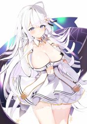 Rule 34 | 1girl, azur lane, bare shoulders, blue eyes, blush, breasts, cleavage, dress, elbow gloves, gloves, hair ornament, hair ribbon, highres, hoerutarou, illustrious (azur lane), illustrious (muse) (azur lane), large breasts, long hair, looking at viewer, mole, mole under eye, ribbon, smile, solo, standing, very long hair, white gloves, white hair