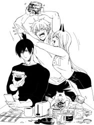 Rule 34 | 1girl, 2boys, arched back, arms up, black shirt, black shorts, blush, bread slice, breasts, cat, chainsaw man, coffee mug, cowboy shot, cup, denji (chainsaw man), eating, food, food in mouth, hair between eyes, hayakawa aki, high contrast, high ponytail, holding, holding food, holding phone, horns, jam, jar, lineart, long hair, long sleeves, looking at phone, medium breasts, medium hair, meowy (chainsaw man), mouth hold, mug, multiple boys, nair (mindcreator), open mouth, phone, power (chainsaw man), sharp teeth, shirt, short hair, short ponytail, short shorts, shorts, sweatdrop, t-shirt, teeth, toast, toast in mouth, toaster, toned, toned male, tongue, tongue out, white background, white shirt