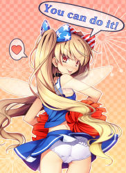 Rule 34 | 1girl, :p, alternate costume, alternate hairstyle, ass, bare arms, bare shoulders, black choker, blonde hair, blue bow, blue shirt, blue skirt, blush, bow, checkered background, cheerleader, chima q, choker, clownpiece, commentary request, cowboy shot, english text, fairy wings, from behind, gradient background, hair bow, heart, highres, long hair, looking at viewer, looking back, miniskirt, nose blush, orange background, panties, pom pom (cheerleading), red bow, red eyes, shirt, skirt, sleeveless, solo, speech bubble, spoken heart, standing, star (symbol), star print, striped, striped bow, tongue, tongue out, touhou, transparent wings, twintails, underwear, very long hair, white panties, wings