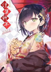 Rule 34 | 1girl, 2022, absurdres, animal, black hair, blush, brown flower, brown kimono, closed mouth, commentary request, floral print, flower, furisode, green eyes, hair flower, hair ornament, hairclip, highres, holding, holding umbrella, japanese clothes, junior (toshizou), kimono, long sleeves, looking at viewer, nengajou, new year, off shoulder, oil-paper umbrella, original, print kimono, red umbrella, sleeves past wrists, smile, solo, tiger, toshizou (0714), umbrella, wide sleeves