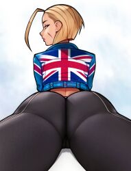 Rule 34 | 1girl, ahoge, ass, ass focus, black pants, blue jacket, cameltoe, cammy white, cleft of venus, cropped jacket, facial scar, hair slicked back, highres, huge ahoge, huge ass, jacket, lips, loodncrood, looking at viewer, looking back, lying, nose, on floor, on stomach, pants, scar, scar on cheek, scar on face, short hair, solo, street fighter, street fighter 6, thick thighs, thighs, union jack, union jack print, white background, wide hips, yoga pants