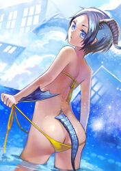 Rule 34 | 1girl, arm fins, ass, bikini, blue eyes, blue hair, building, butt crack, dragon girl, dragon horns, dragon tail, forehead, from behind, grey hair, hen (1push300m), holding, holding clothes, holding swimsuit, horns, looking at viewer, looking back, original, partially submerged, short hair, solo, swimsuit, tail, water, yellow bikini