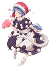 Rule 34 | 1girl, apron, blob, blue eyes, blue hair, book, capelet, doremy sweet, full body, hat, looking at viewer, matching hair/eyes, nightcap, parted lips, pom pom (clothes), short hair, short sleeves, socks, solo, tail, tamahana, tapir tail, touhou, waist apron, white background, white socks
