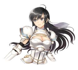 Rule 34 | 1girl, armor, black gloves, braid, breastplate, breasts, cleavage, cross, cross earrings, earrings, elbow gloves, gauntlets, gloves, grey eyes, hair between eyes, highres, jewelry, long hair, looking away, medium breasts, official art, open mouth, shining (series), shining resonance, shoulder armor, shoulder pads, sidelocks, simple background, solo, sonia blanche, sonia branche, tony taka, upper body, white background