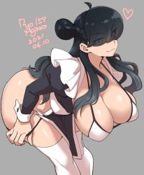 Rule 34 | 1girl, 2021, agawa ryou, ass, bent over, bikini, bikini pull, bikini top only, black hair, breasts, cleavage, clothes pull, commentary, dated, english commentary, grey background, hair bun, heart, huge breasts, light smile, long hair, looking at viewer, original, simple background, single hair bun, smile, solo, swimsuit, thick thighs, thighs, undressing, white eyes