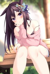 Rule 34 | 1girl, animal ears, bare shoulders, bench, black hair, blurry, blurry background, blush, bra, breasts, casual, collarbone, commentary request, denim, denim shorts, ear ornament, hair between eyes, hair ornament, head rest, highres, horse ears, horse girl, long hair, looking at viewer, medium breasts, mejiro dober (umamusume), on bench, open mouth, parted lips, purple eyes, ribbon, shorts, sitting, solo, strap slip, sweater, tree, umamusume, underwear, zeatto