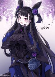 Rule 34 | 1girl, :d, black dress, black hair, blush, breasts, commentary request, cone hair bun, dress, fate/grand order, fate (series), hair bun, hair ornament, hands on own face, hands up, large breasts, long hair, long sleeves, looking at viewer, murasaki shikibu (fate), nyanya, open mouth, red eyes, ribbon-trimmed dress, ribbon trim, sleeves past wrists, smile, solo, translation request, two side up, very long hair