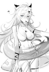 Rule 34 | 1girl, ?, absurdres, animal ears, arknights, bikini, breasts, cleavage, hair ornament, hairclip, highres, innertube, lappland (arknights), large breasts, long hair, looking at viewer, material growth, meng ziya, midriff, monochrome, mouth hold, navel, oripathy lesion (arknights), sketch, solo, swim ring, swimsuit, thigh strap, wolf ears