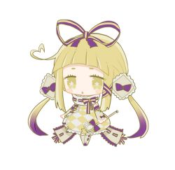 Rule 34 | 1girl, blonde hair, boots, bow, bright pupils, chibi, dress, elbow gloves, gloves, gradient hair, hair ribbon, holding, holding wand, lace, lace-trimmed dress, lace trim, long hair, multicolored hair, open mouth, original, purple bow, purple hair, ribbon, simple background, solo, star-shaped pupils, star (symbol), symbol-shaped pupils, transparent background, twintails, usagi nui, very long hair, wand, whip (usagi nui), white pupils, yellow bow, yellow dress, yellow eyes, yellow footwear, yellow gloves