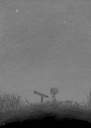 Rule 34 | 1girl, backpack, bag, from star strings, grass, greyscale, hat, monochrome, night, original, page number, sky, solo, star (sky), starry sky, telescope, tsukushi akihito