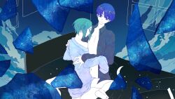 Rule 34 | 2others, alternate costume, androgynous, bad source, blue eyes, galaxy, highres, houseki no kuni, long sleeves, looking at viewer, multiple others, night, open clothes, open shirt, phosphophyllite, phosphophyllite (ll), shirokuko, short hair, star (symbol), starry background